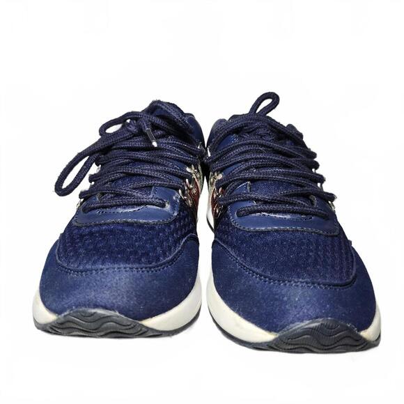 Tommy Hilfiger Women's Navy Blue Sneakers with Red, Silver, and Purple Stripes - Picture 3 of 9